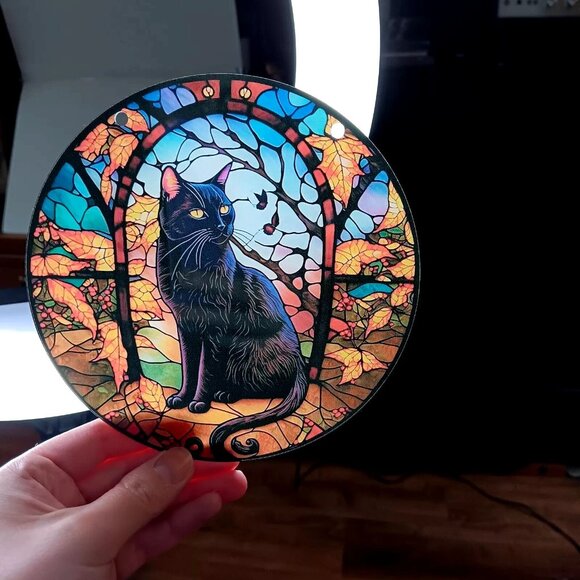 Black Cat Stained Plastic Suncatcher Hanging Window Ornament Goth Whimsical - Picture 4 of 5